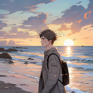 背包 海边男孩站在海边看风景插画