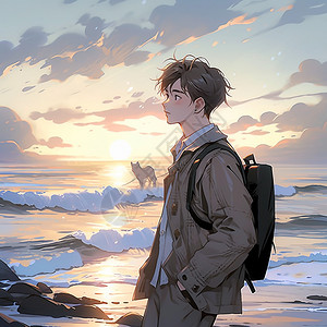 海边站着一个背着背包的男孩背景图片