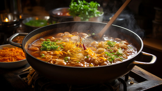 大锅熬汤大锅中正在烹饪的食物背景