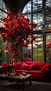 客厅里红色装饰花朵和窗前的沙发图片