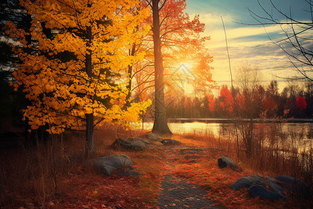秋日林间的夕阳背景图片