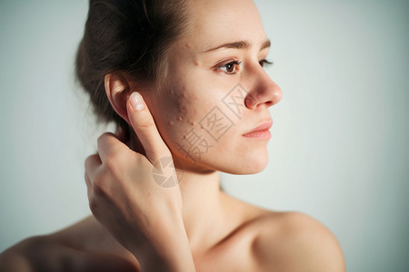 爱耳日字体设计面部痘痘的女性捂着耳朵背景