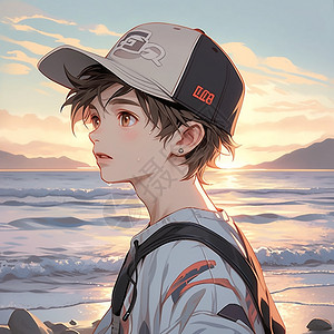 一个戴着棒球帽的男孩站在沙滩上图片