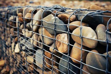 钢丝网围墙旁一堆石块与木栅栏并排背景