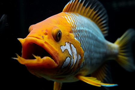 在深色水族馆中有一条张开嘴巴的鱼图片