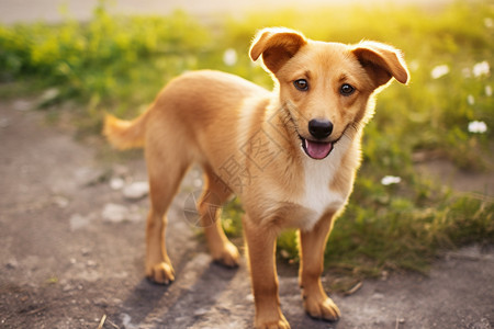 一只可爱的小狗站在一条土路旁边图片