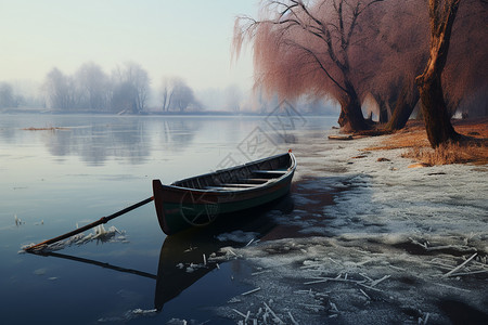 冬日平静湖面上的船图片