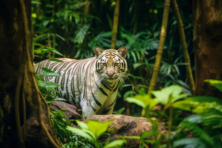 老虎和龟丛林漫步的白虎背景