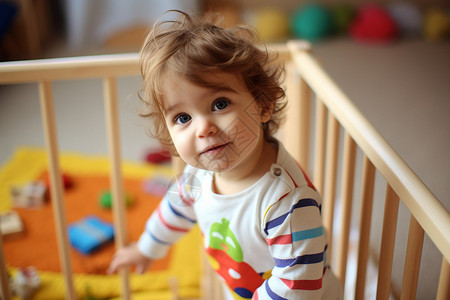 宝宝围栏宝贝独自站立在玩具床上背景