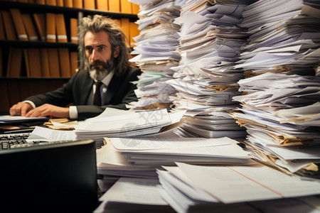 男人在堆满文件的办公室工作图片