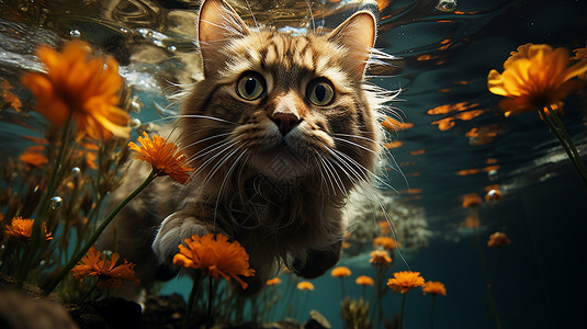 猫在水里游泳图片