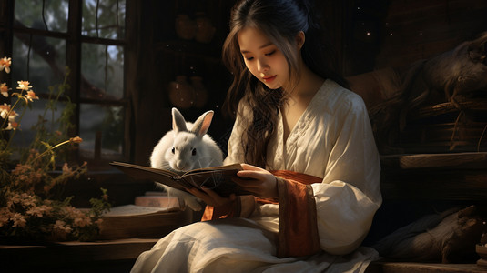 汉服女孩抱着兔子背景图片