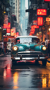 雨街街巷里的古典汽车背景