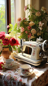 复古立式电风扇桌子上的缝纫机和茶杯背景