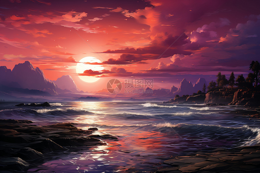 梦幻的海岸夕阳图片