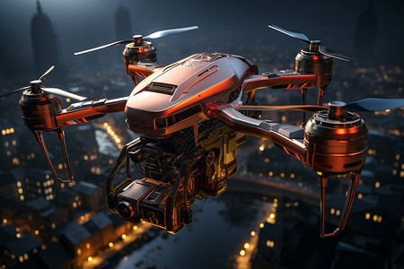 在屋顶在夜色中飞行的无人机设计图片
