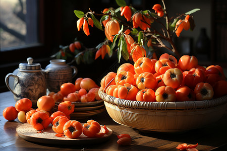 秋天里收获的山柿背景图片