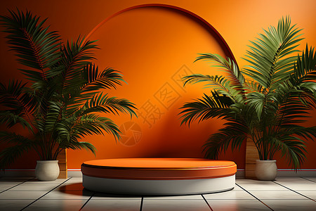 绿色环形光效橘色画布的棕榈叶环形讲台背景