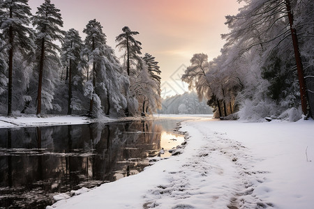 冬日的白色湖畔图片