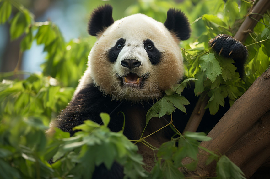 大熊猫在树上伸出舌头图片