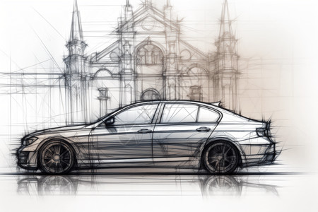 大教堂前的汽车草图背景图片