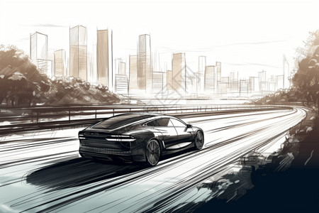 汽车素描城市景观下的汽车插图插画