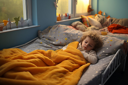 裹在毯子里孩子在幼儿园床上午睡背景