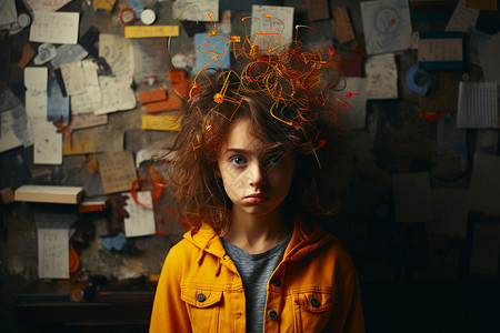 儿科背景一个头发凌乱的小女孩设计图片