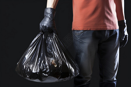 扛着袋子男人一双戴着手套的手紧握着满满一袋垃圾背景