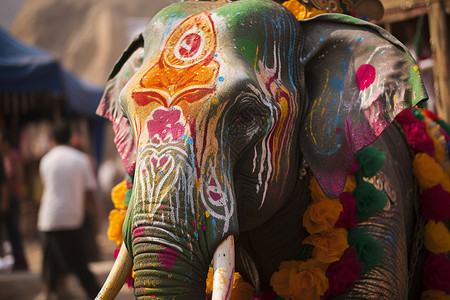 油彩动物大象脸上喷着油彩背景