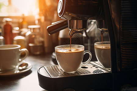 咖啡冲泡咖啡机注满两杯咖啡背景