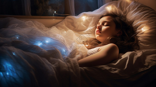 灯带素材床上安稳入睡的女孩背景