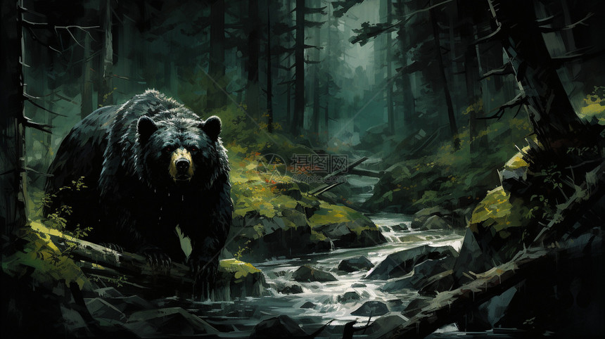 溪流旁的黑熊图片