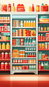 创意调味品超市的货架平面设计插画