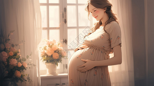 一个孕妇站在窗边图片