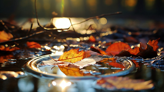 圆叶落叶在水中倒影背景