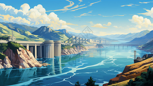 海洋工程三峡大坝插图绘画插画