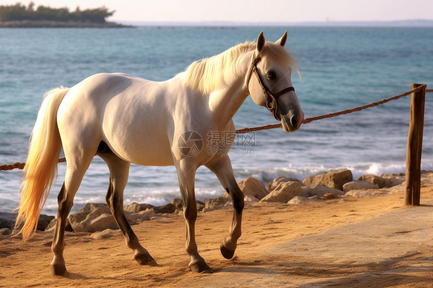白马在海滩漫步图片