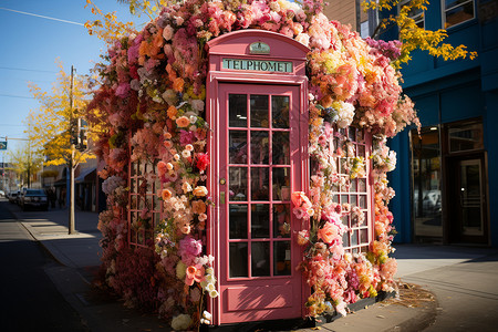 老式电话亭被花朵包裹背景图片