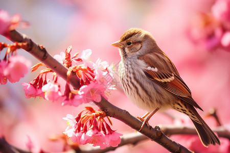 小鸟和桃花桃花枝上一只鸟背景