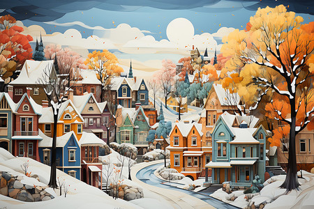 雪夜之城插画图片