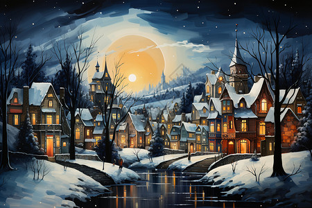 雪夜中的童话小镇图片