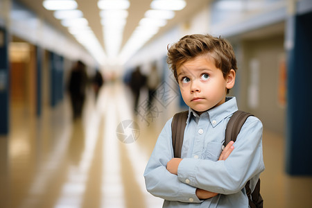 思考中的男孩小男孩在学校走廊中思考背景