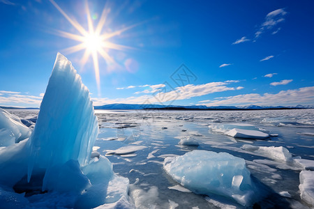 冬季漂浮蓝色雪湖上漂浮的冰块背景