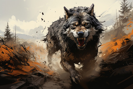 凶残的奔跑中的狼插画