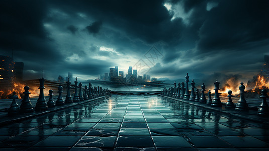天空下厮杀的国际象棋背景图片
