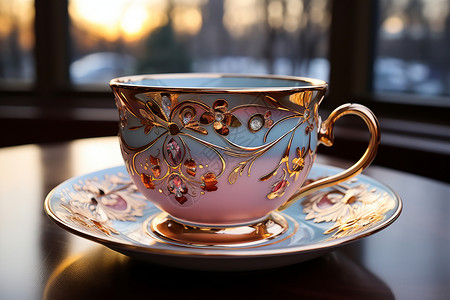 沐浴在阳光的茶杯图片
