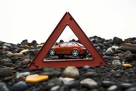 红三角形素材红车前的三角警示牌背景