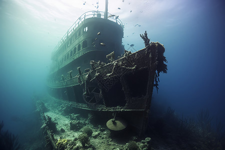 舷海底深处的沉船背景