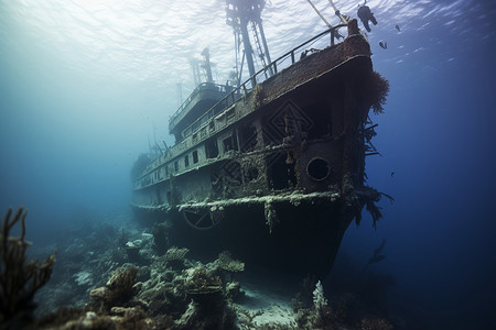 水底下的沉船背景图片